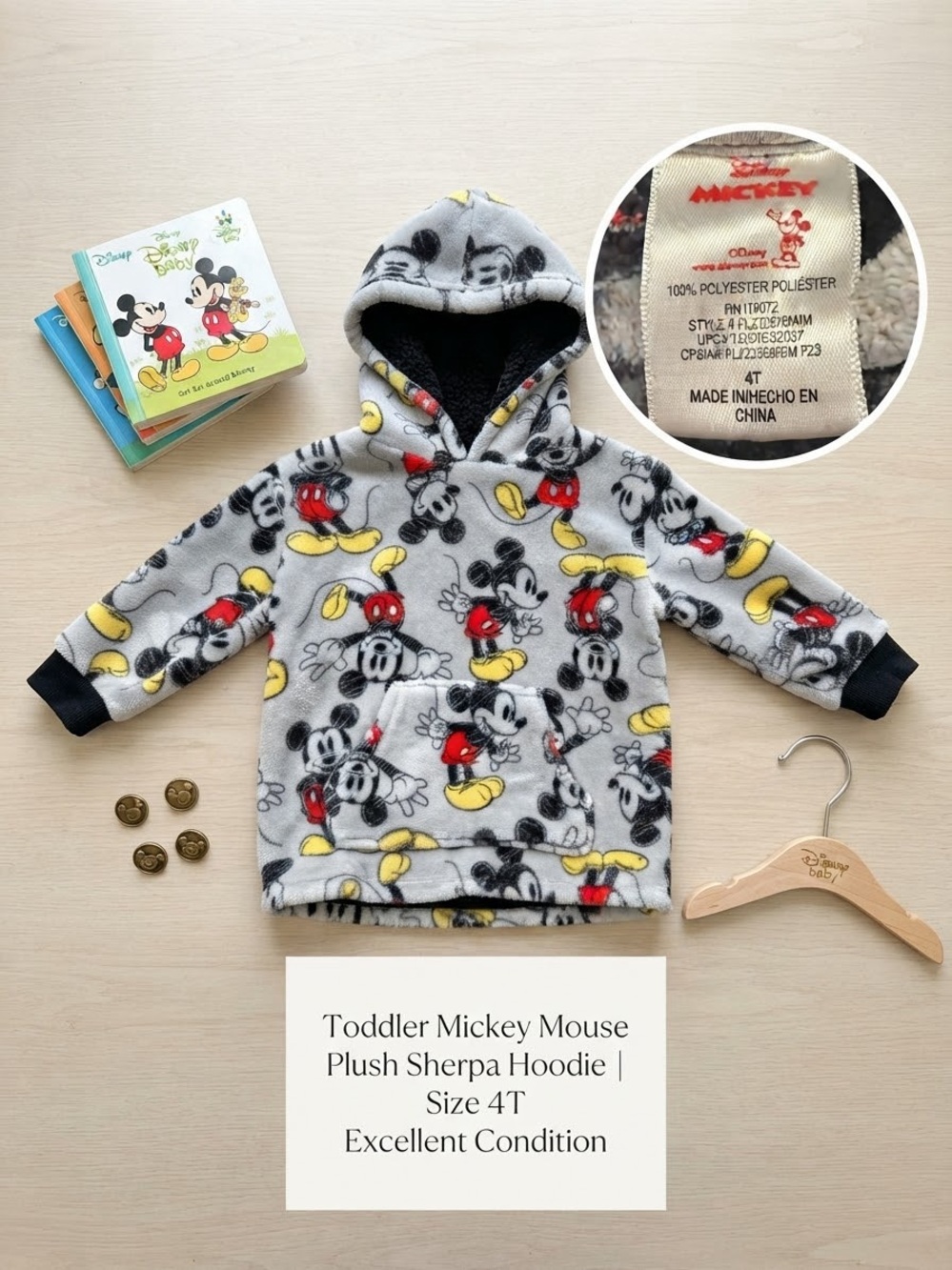 Disney Toddler Mickey Mouse Plush Sherpa Hoodie - Gray, Black, Red, Yellow